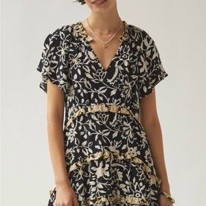 Anthropologie Black and Gold Floral Midi Dress
